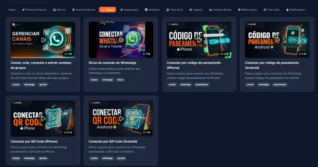 Central de Ajuda do Achify com vídeos tutoriais